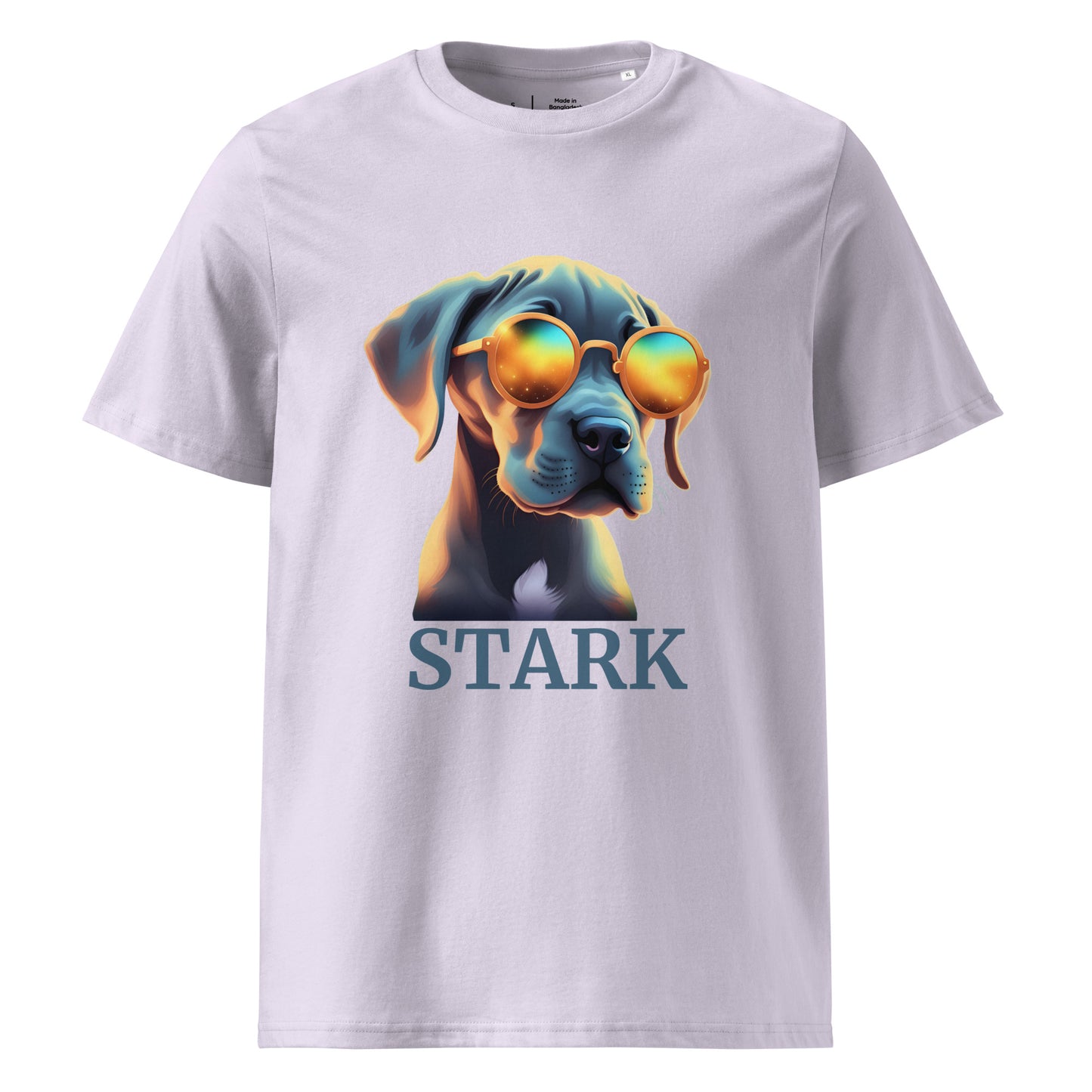 T-shirt de couleur lavande manche courte 100% coton bio avec comme dessin un bébé dogue allemand avec des lunettes avec personnalisation de mettre le nom de votre propre dogue