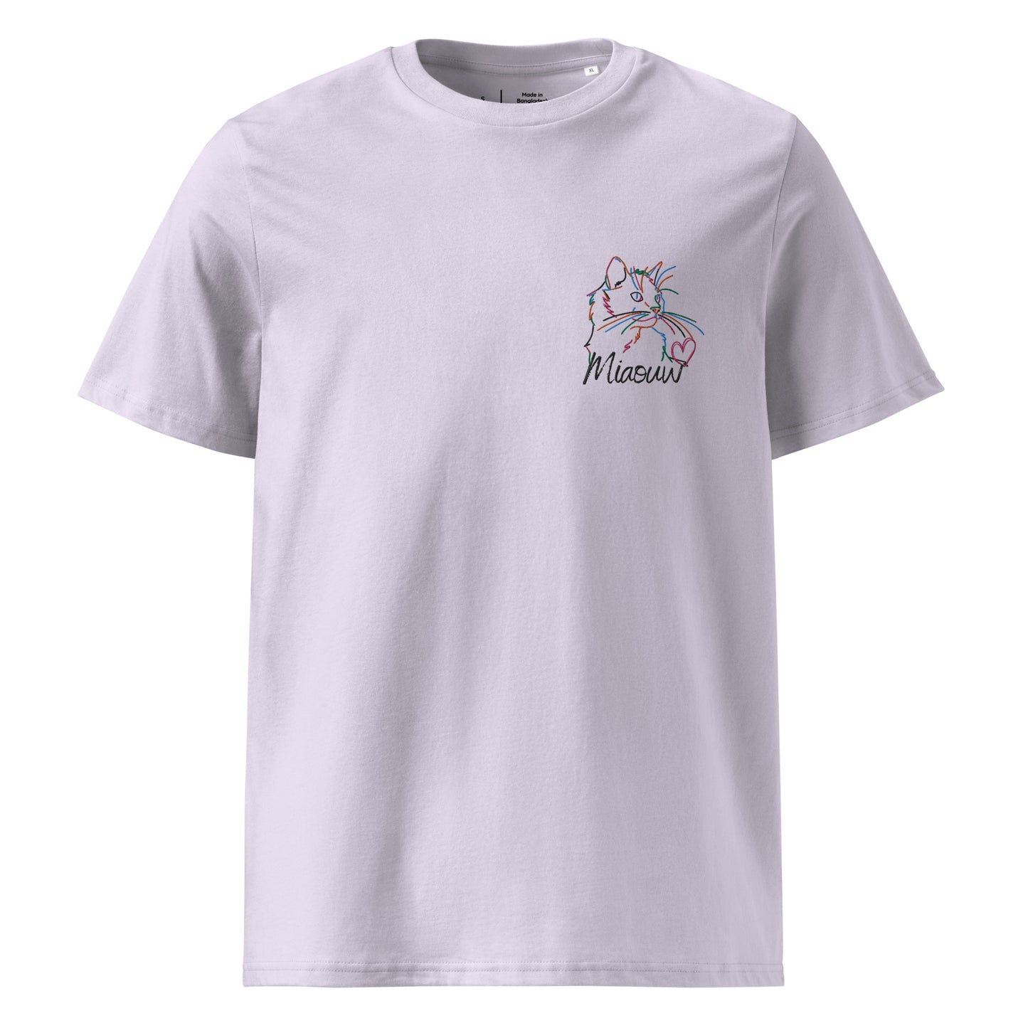 t-shirt lavande col rond manche courte avec broderie colorée de chat avec inscription miaouw