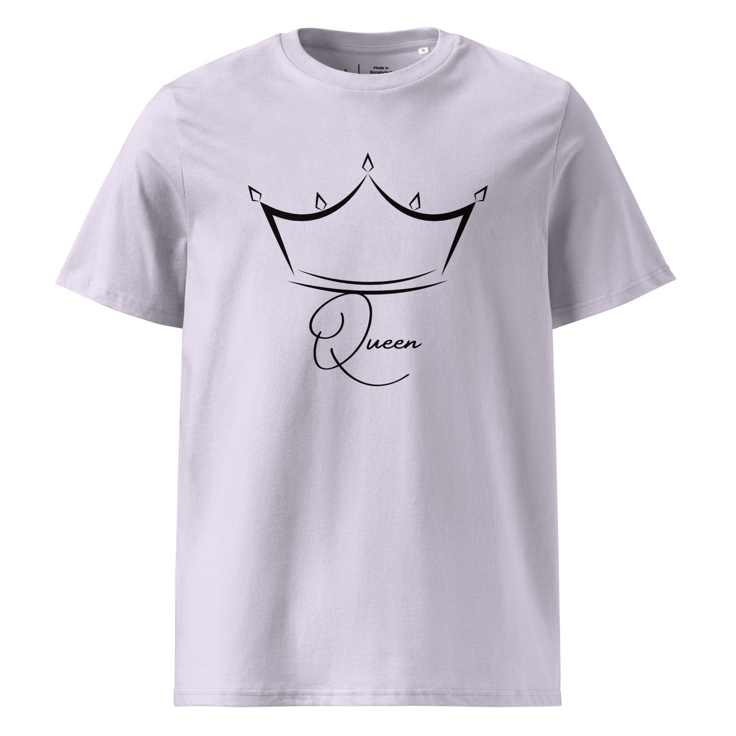 t-shirt Lavande encolure ronde manche courte 100% coton bio avec inscription Queen et le dessin d'une couronne