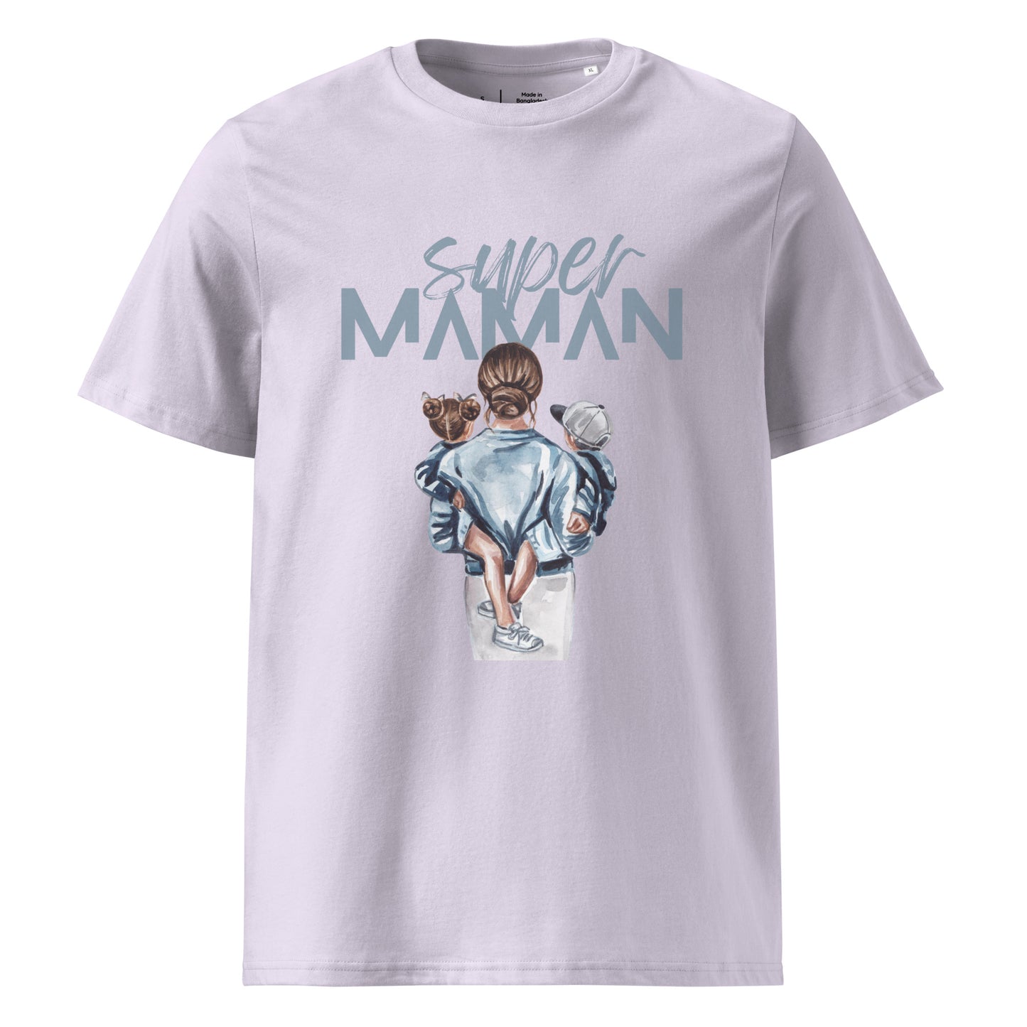 t-shirt lavande encolure ronde manche courte 100% coton bio avec inscription "super Maman" et dessin d'une maman de dos portant ses deux enfants dans les bras