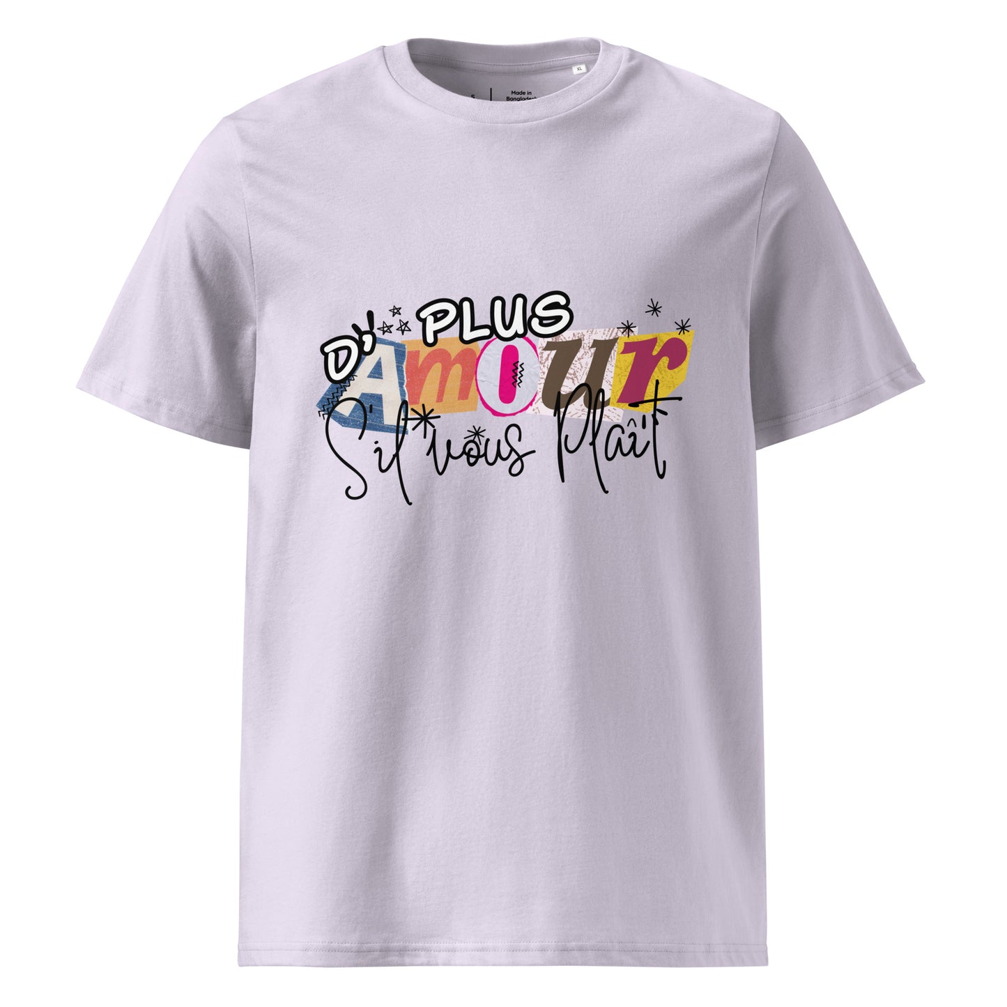 T-shirt de couleur lavande encolure ronde manche courte 100& coton avec Inscription "plus d'amour s'il vous plaît"