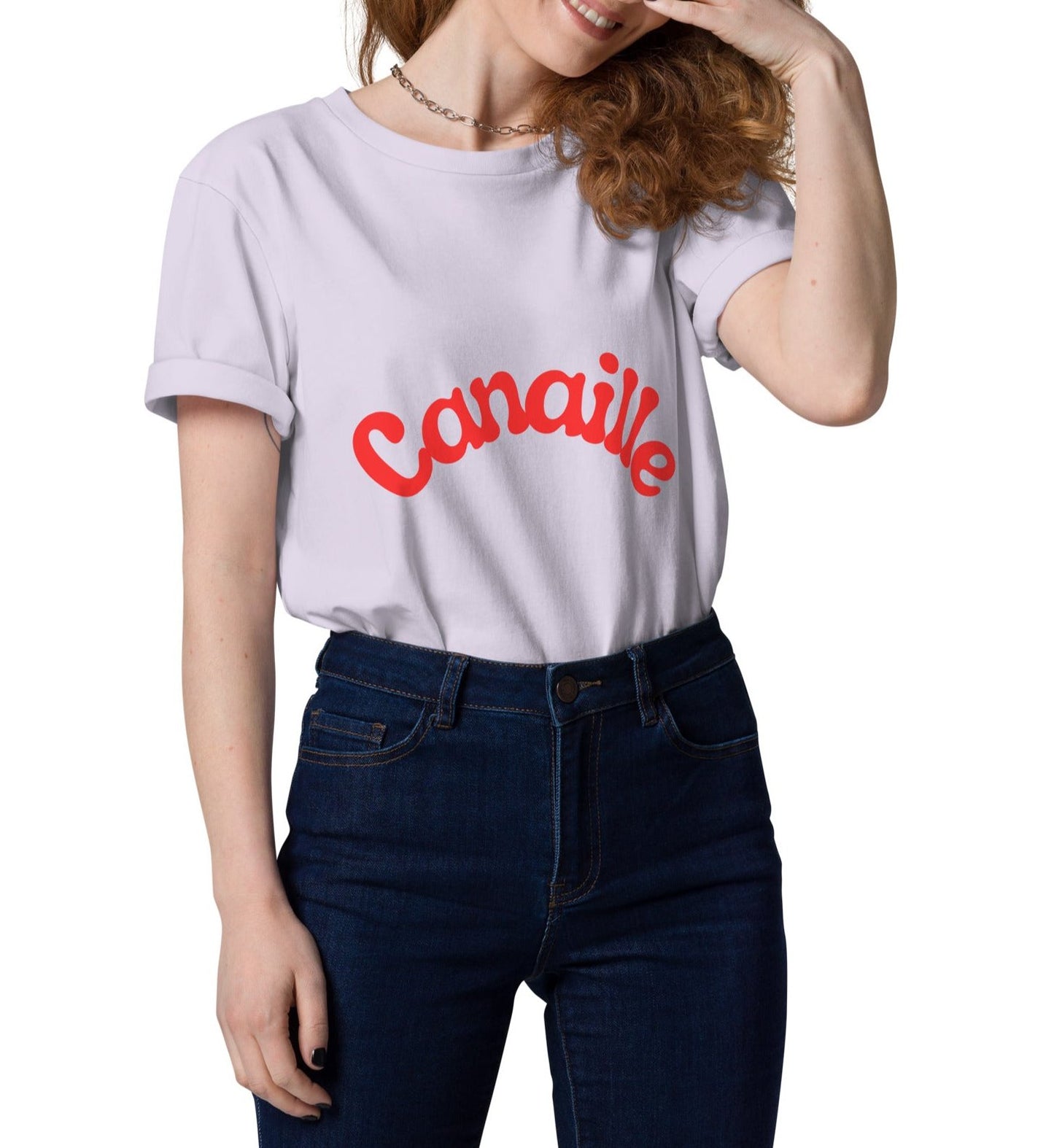t-shirt unisexe lavande col rond manche courte avec inscription : "Canaillou"