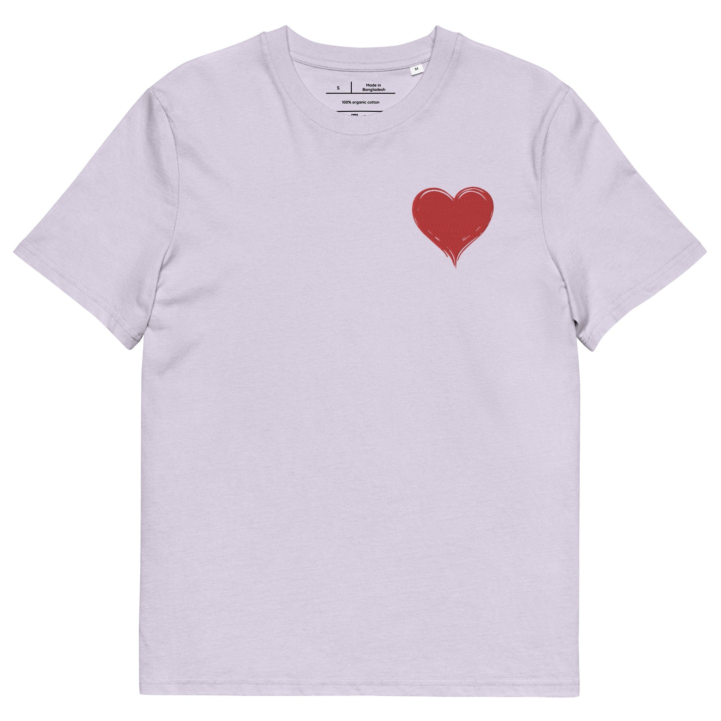 t-shirt lavande col rond manche courte 100% coton bio avec un cœur rouge brodé