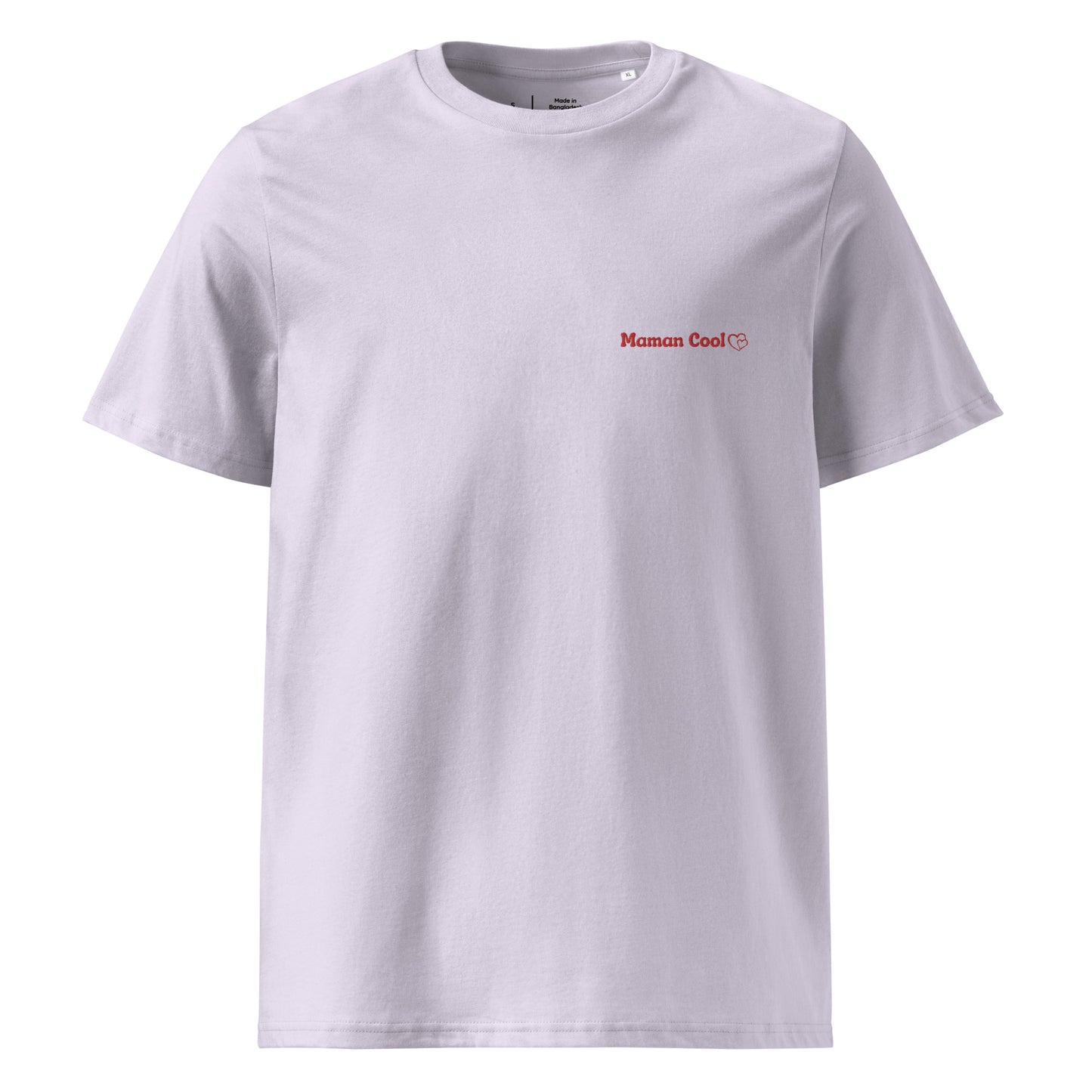 t-shirt lavande col rond manche courte 100% coton bio avec inscription brodé "maman cool"