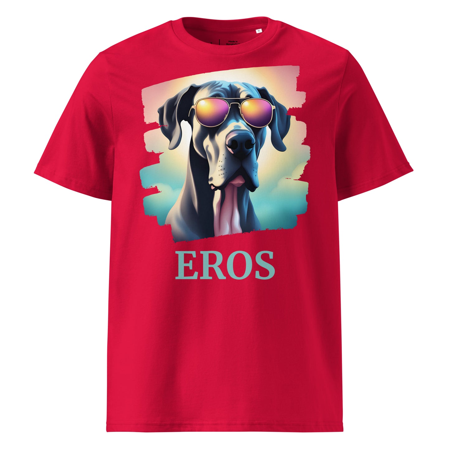 T-shirt adulte manche courte col rond de couleur rouge avec comme dessin un dogue allemand, il est personnalisable avec le nom de votre chien