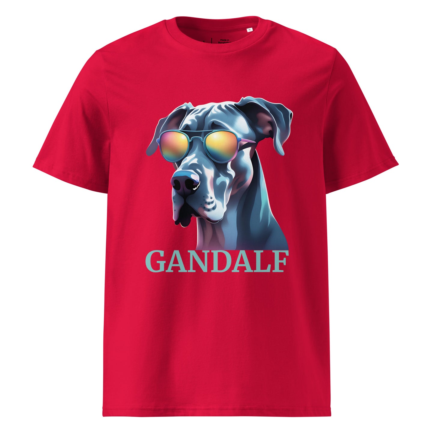 T-shirt adulte manche courte col rond de couleur rouge avec comme dessin un dogue allemand qui a des lunettes de soleil, il est personnalisable avec le nom de votre chien