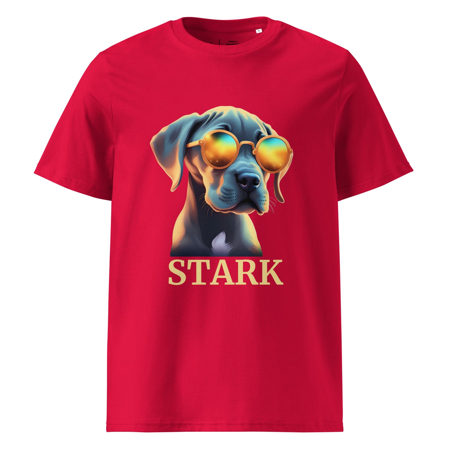 T-shirt de couleur rouge manche courte 100% coton bio avec comme dessin un bébé dogue allemand avec des lunettes avec personnalisation de mettre le nom de votre propre dogue