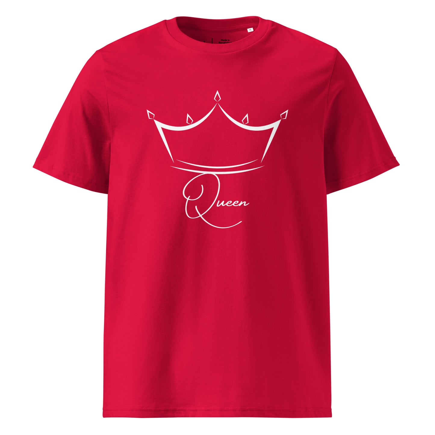 t-shirt rouge encolure ronde manche courte 100% coton bio avec inscription Queen et le dessin d'une couronne