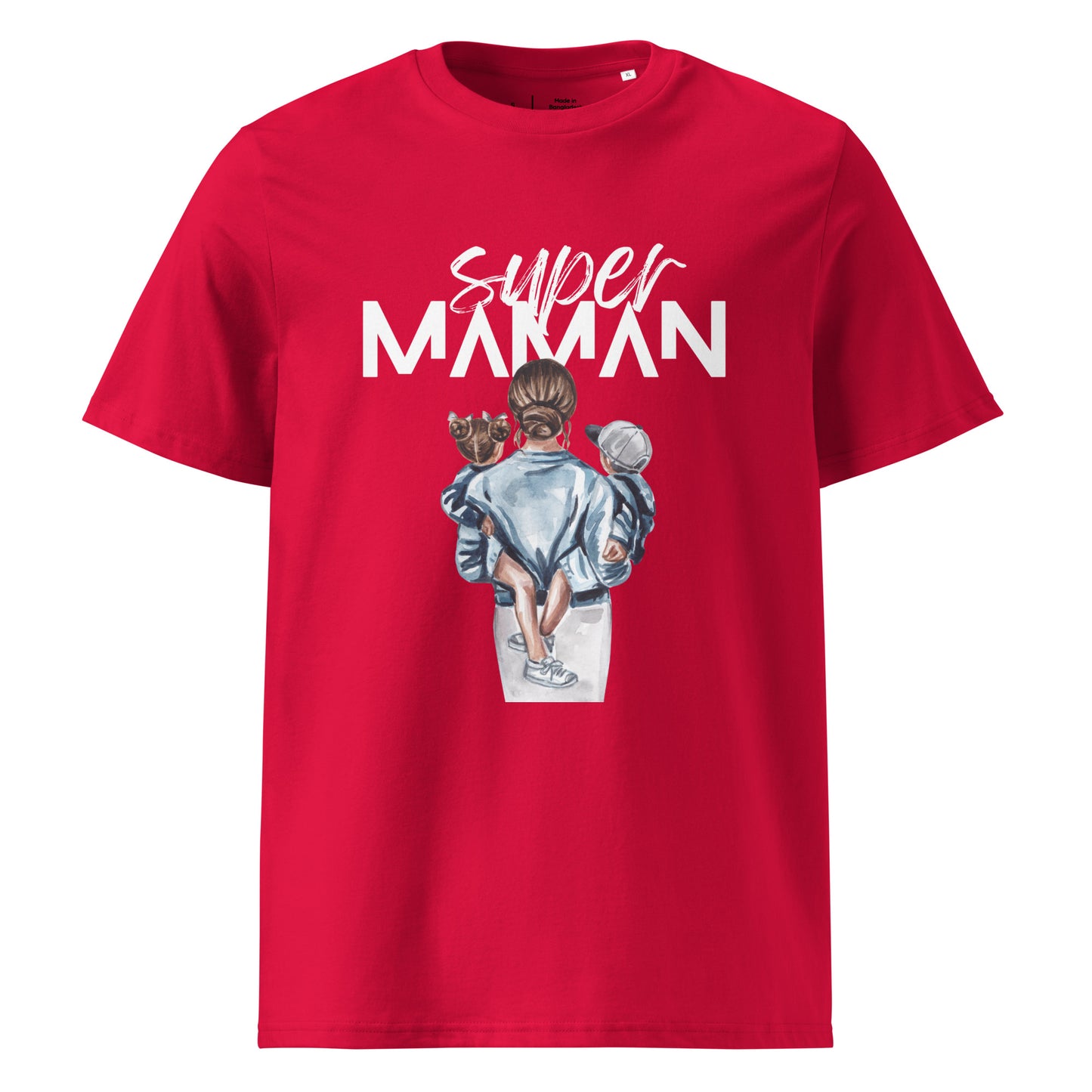 t-shirt rouge encolure ronde manche courte 100% coton bio avec inscription "super Maman" et dessin d'une maman de dos portant ses deux enfants dans les bras