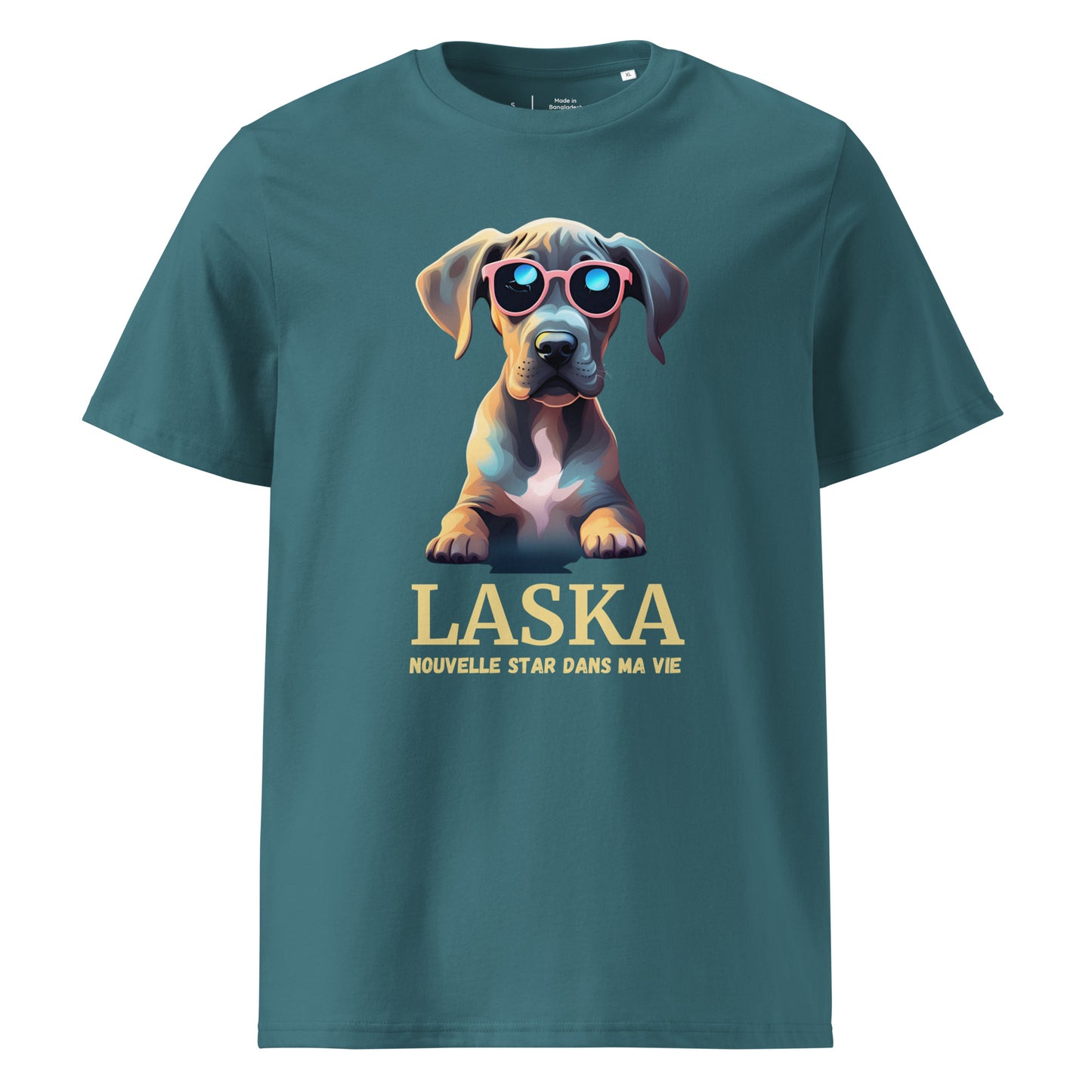 T-shirt adulte manche courte col rond de couleur Vert Bleu avec comme dessin un dogue allemand, il est personnalisable avec le nom de votre chien, il y a aussi écrit en dessous de l'emplacement du nom du chien nouvelle star dans ma vie