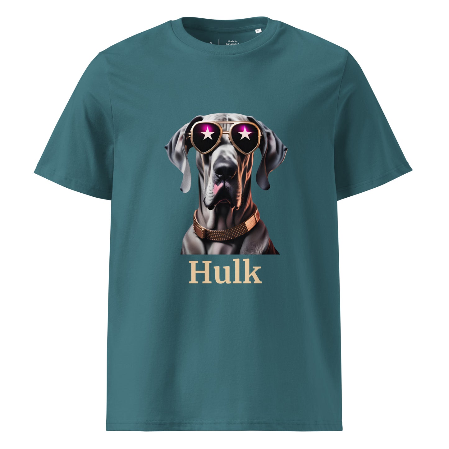 t-shirt de couleur vert d'eau col rond manche courte dessin de dogue allemand avec des lunettes de soleil stylé et un collier en cuivre personnalisation avec le nom de votre dogue en dessous du dessin