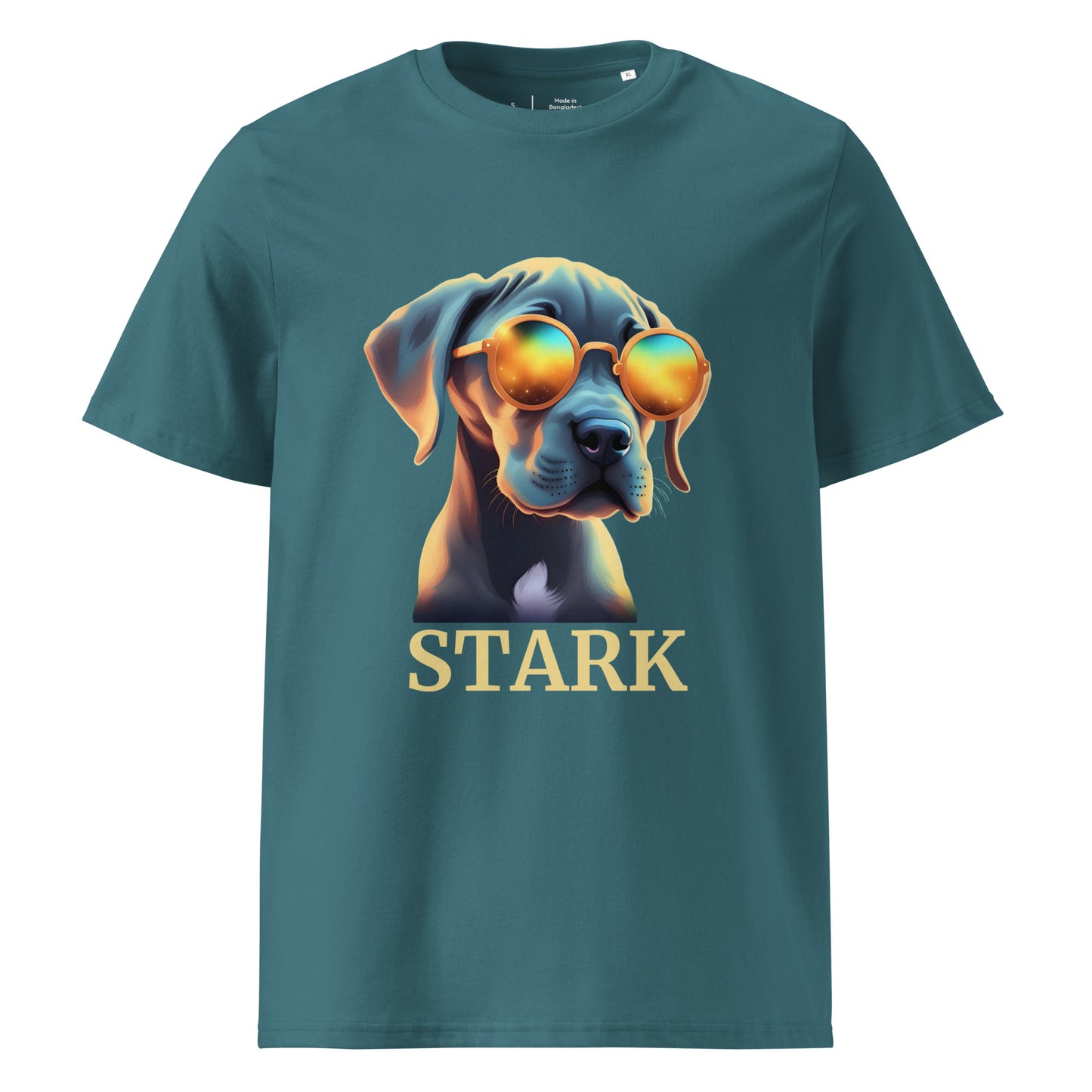 T-shirt de couleur vert d'eau manche courte 100% coton bio avec comme dessin un bébé dogue allemand avec des lunettes avec personnalisation de mettre le nom de votre propre dogue