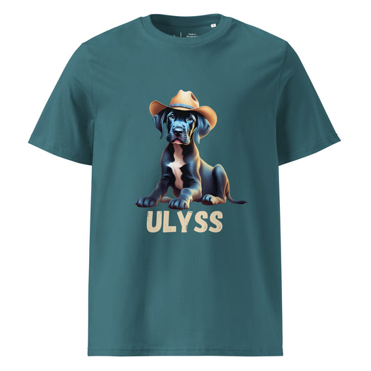 t-shirt de couleur vert d'eau col rond mache courte en 100% coton bio avec un dessin de bébé dogue allemand avec un chapeau de cowboy sur la tête avec comme personnalisation le nom de votre dogue en dessous du dessin
