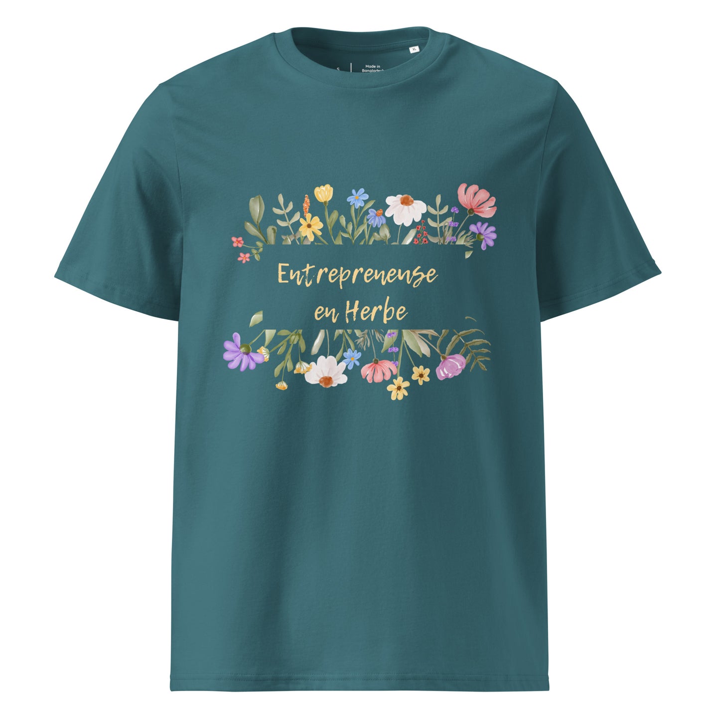 t-shirt femme vert d'eau col rond mache courte avec écrit "Entrepreneure en Herbe" entouré de fleurs et d'herbe