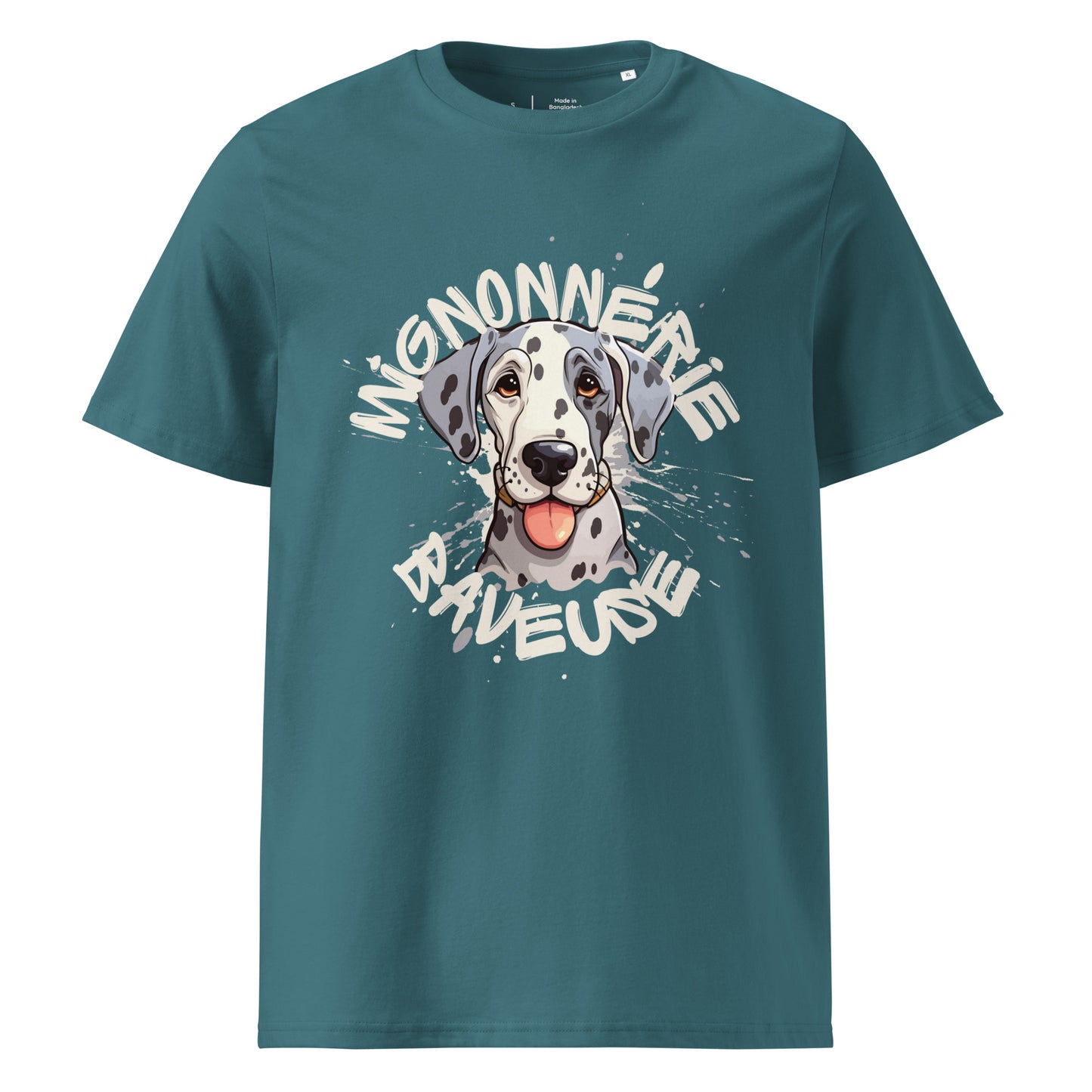 T-shirt de couleur vert d'eau encolure ronde et manche courte en 100% coton bio avec un dessin de Dogue Allemand Arlequin Avec écrit "Mignonnerie Baveuse"