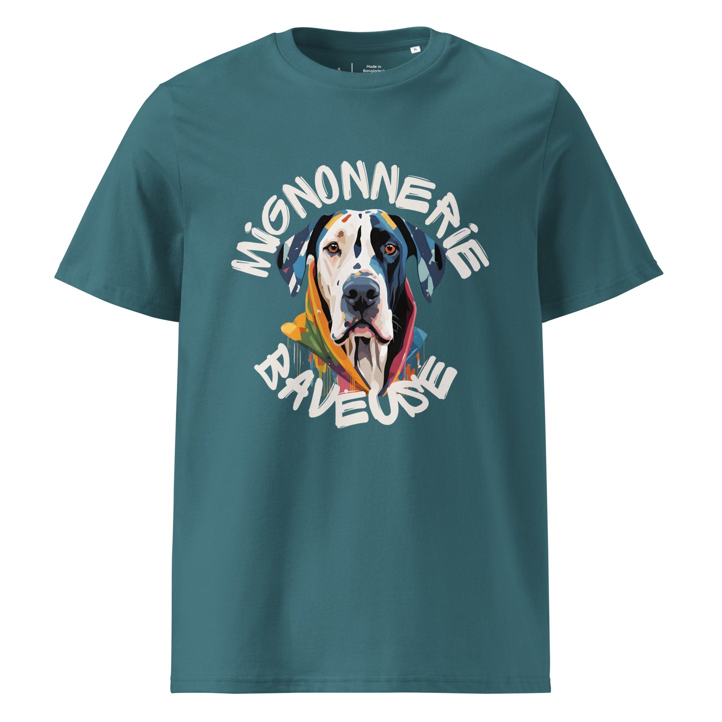 T-shirt couleur vert d'eau col rond manche courte 100% coton avec écriture "Mignonnerie Baveuse" autour d'un dessin de dogue allemand arlequin ou boston