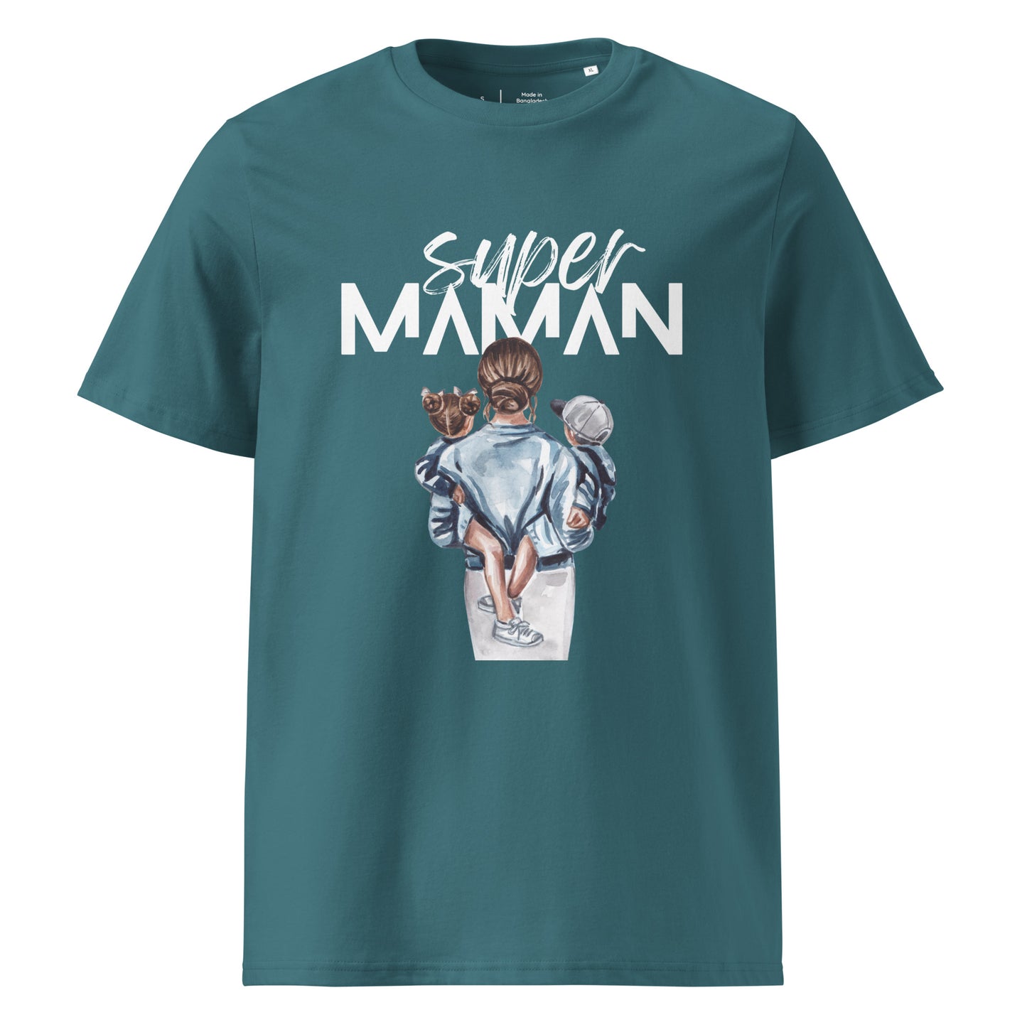 t-shirt vert d'eau encolure ronde manche courte 100% coton bio avec inscription "super Maman" et dessin d'une maman de dos portant ses deux enfants dans les bras