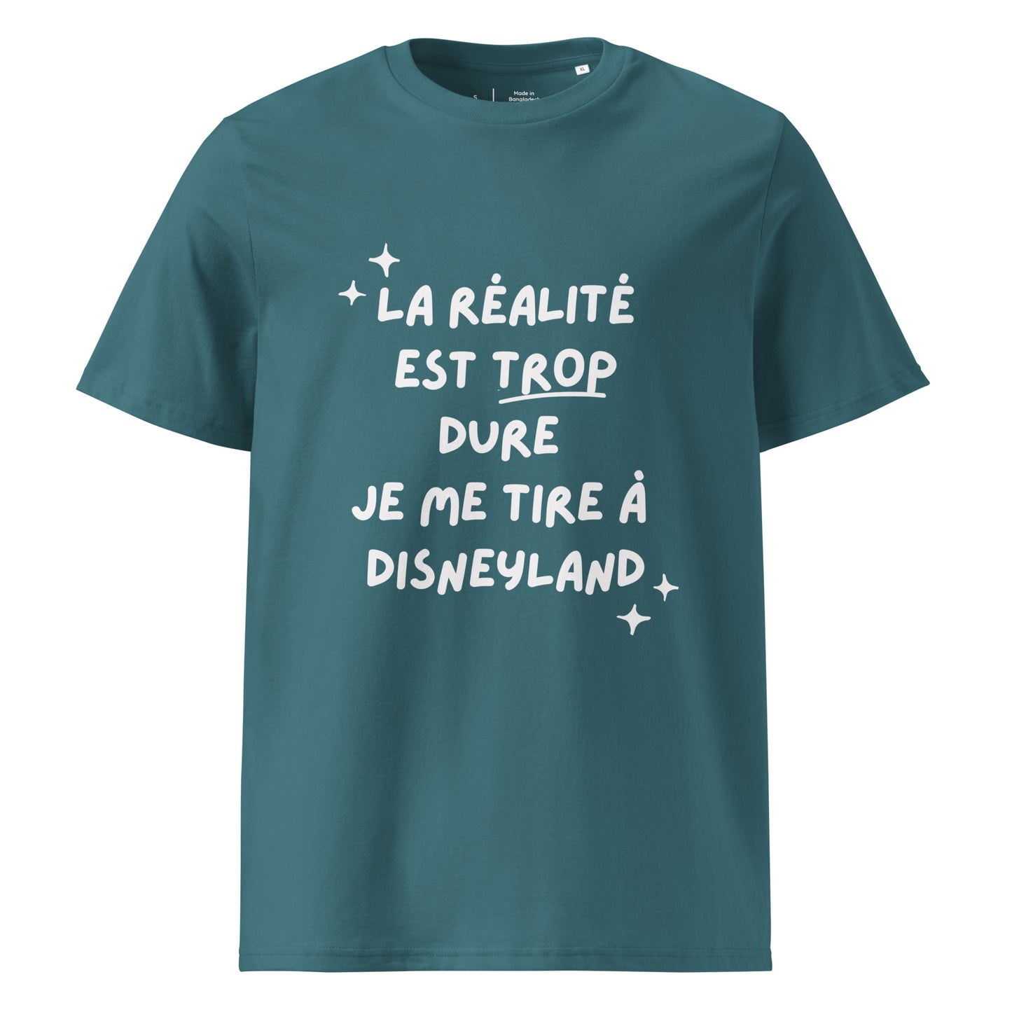 t-shirt vert d'eau encolure ronde manche courte en 100% coton bio avec inscription La réalité est trop dure je me tire à disneyland