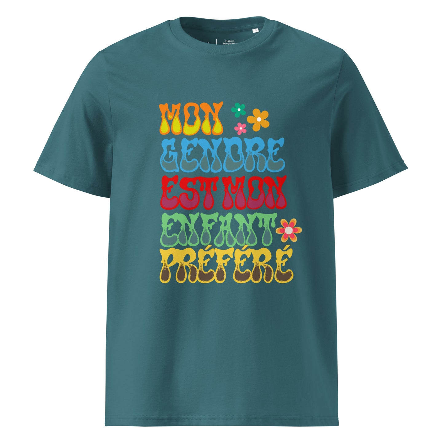 t-shirt de couleur vert d'eau 100% coton bio encolure ronde manche courte avec inscription colorée "mon gendre est mon enfant préféré"