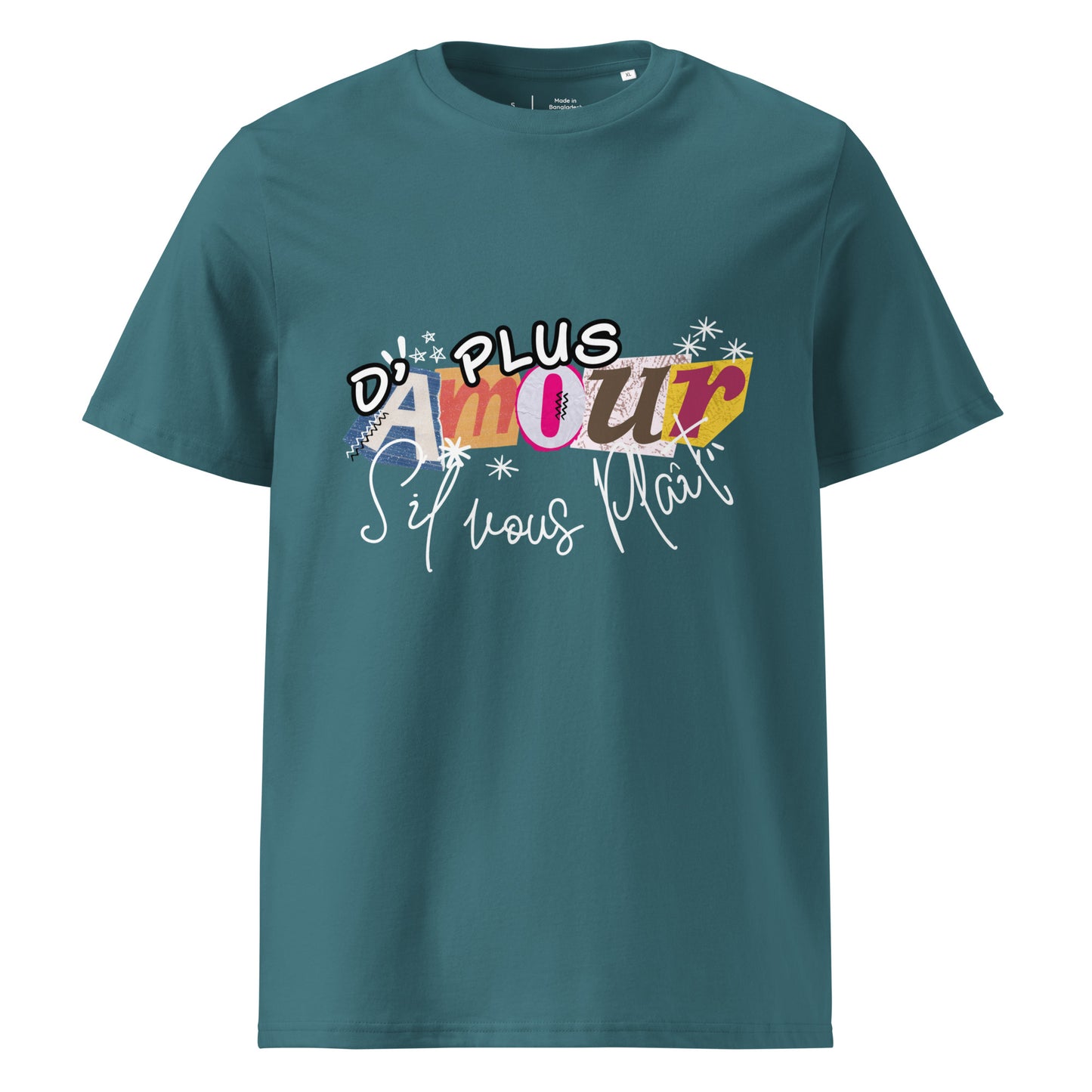 T-shirt de couleur vert d'eau encolure ronde manche courte 100& coton avec Inscription "plus d'amour s'il vous plaît"