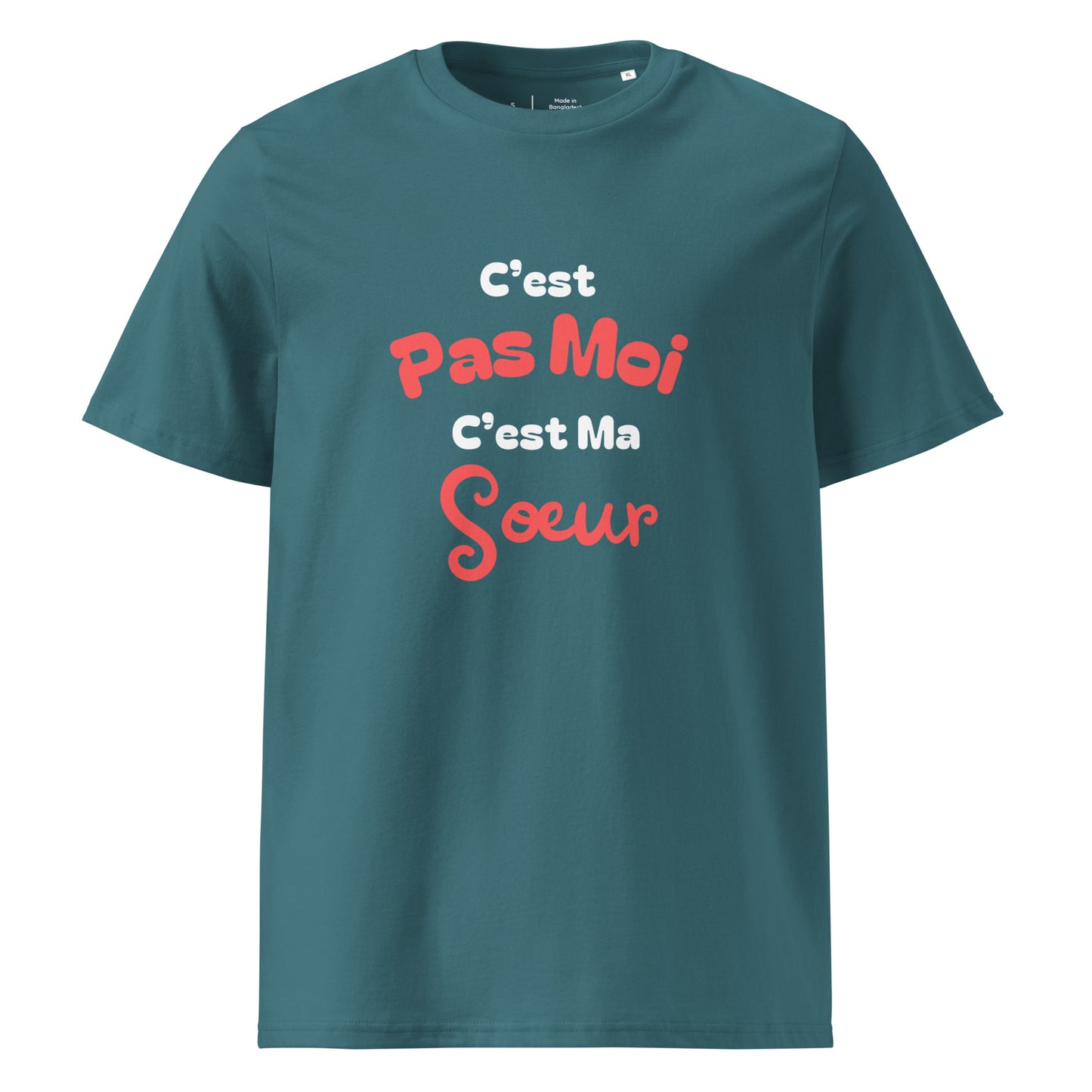 t-shirt vert d'eau 100% coton bio manche courte col rond avec inscription "C'est pas moi c'est ma sœur" 