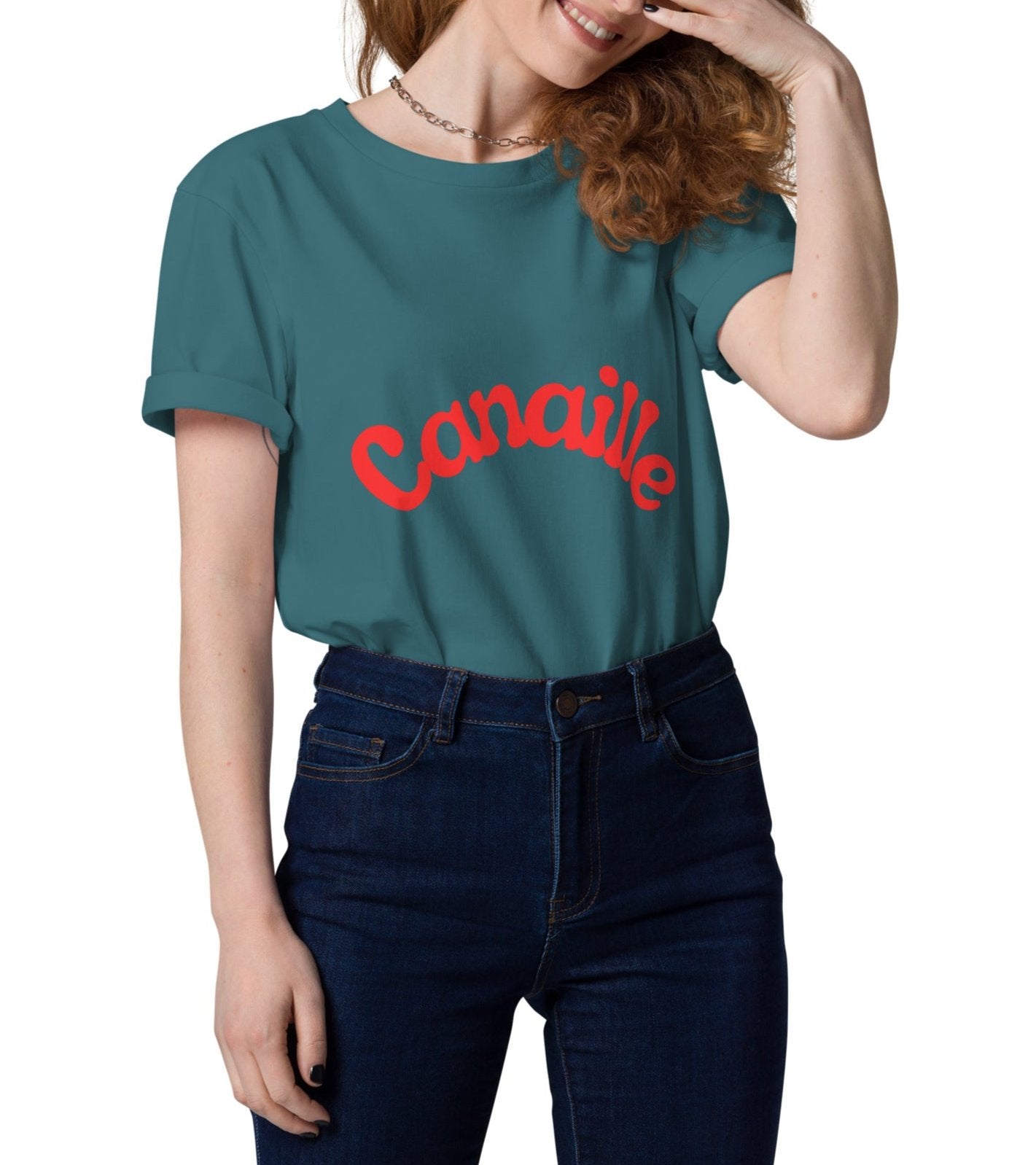 t-shirt unisexe vert d'eau col rond manche courte avec inscription : "Canaillou"