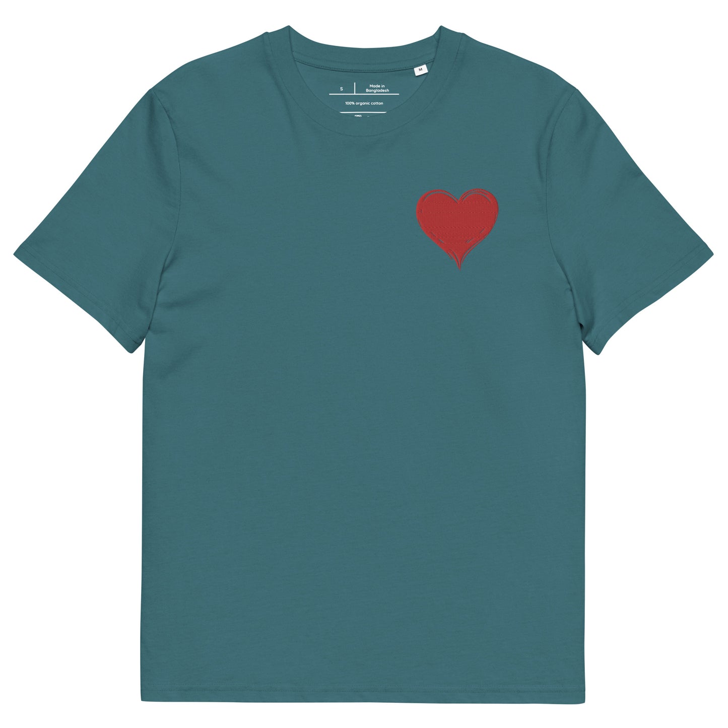 t-shirt vert d'eau col rond manche courte 100% coton bio avec un cœur rouge brodé
