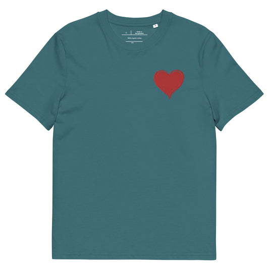 t-shirt vert d'eau col rond manche courte 100% coton bio avec un cœur rouge brodé