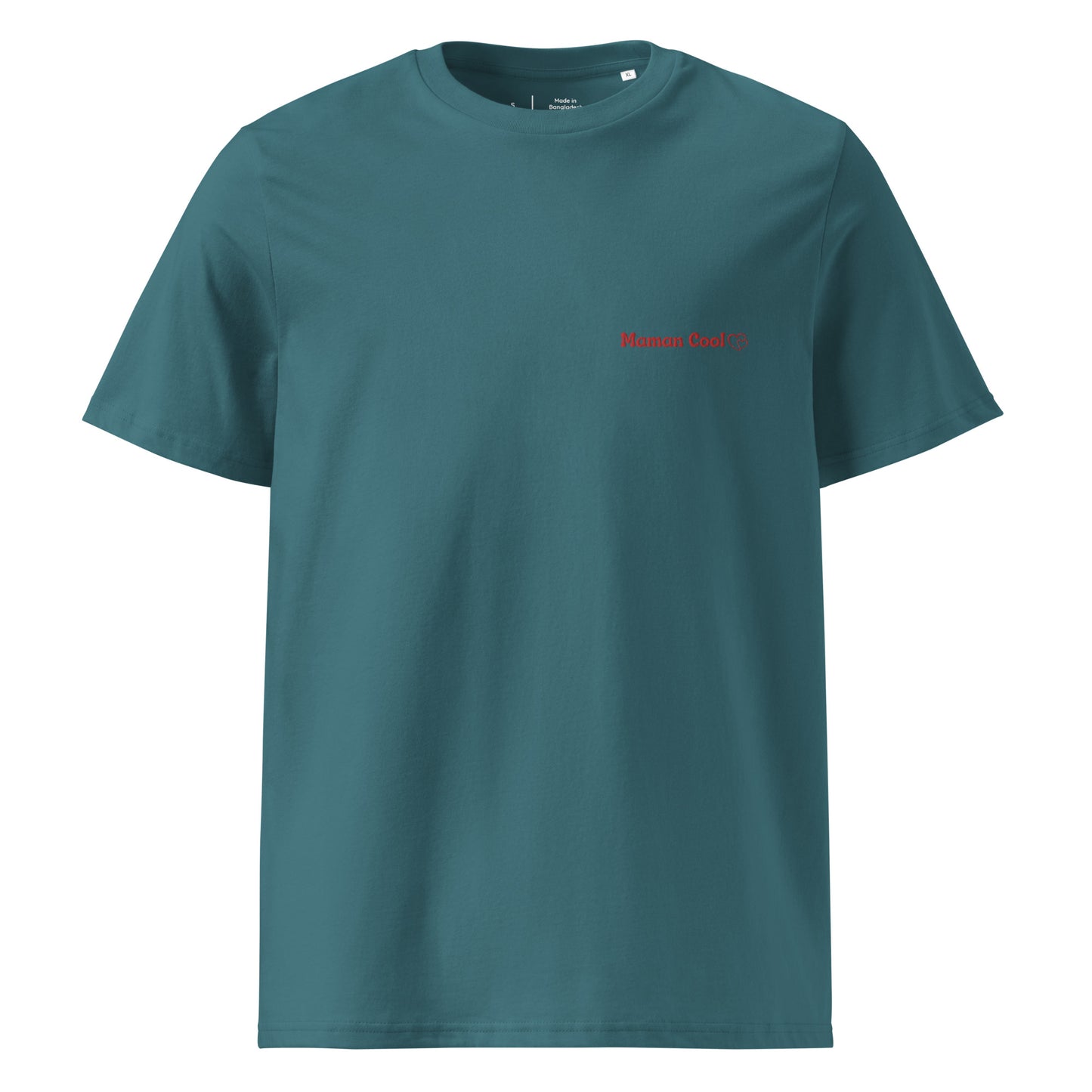 t-shirt vert d'eau col rond manche courte 100% coton bio avec inscription brodé "maman cool"