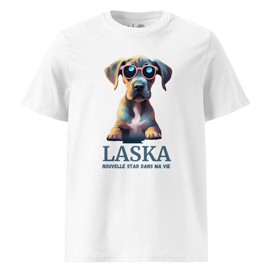 T-shirt adulte manche courte col rond de couleur blanc avec comme dessin un dogue allemand, il est personnalisable avec le nom de votre chien, il y a aussi écrit en dessous de l'emplacement du nom du chien nouvelle star dans ma vie