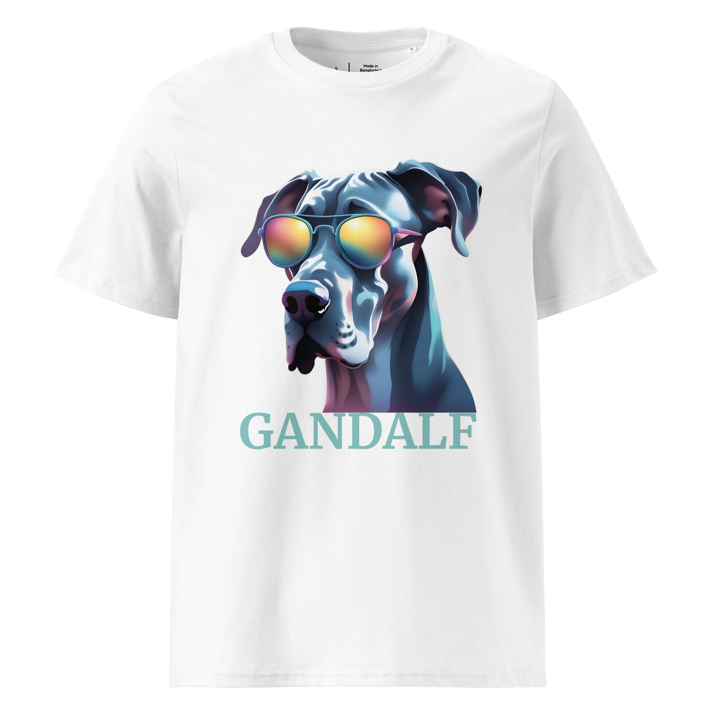 T-shirt adulte manche courte col rond de couleur blanc avec comme dessin un dogue allemand qui a des lunettes de soleil, il est personnalisable avec le nom de votre chien