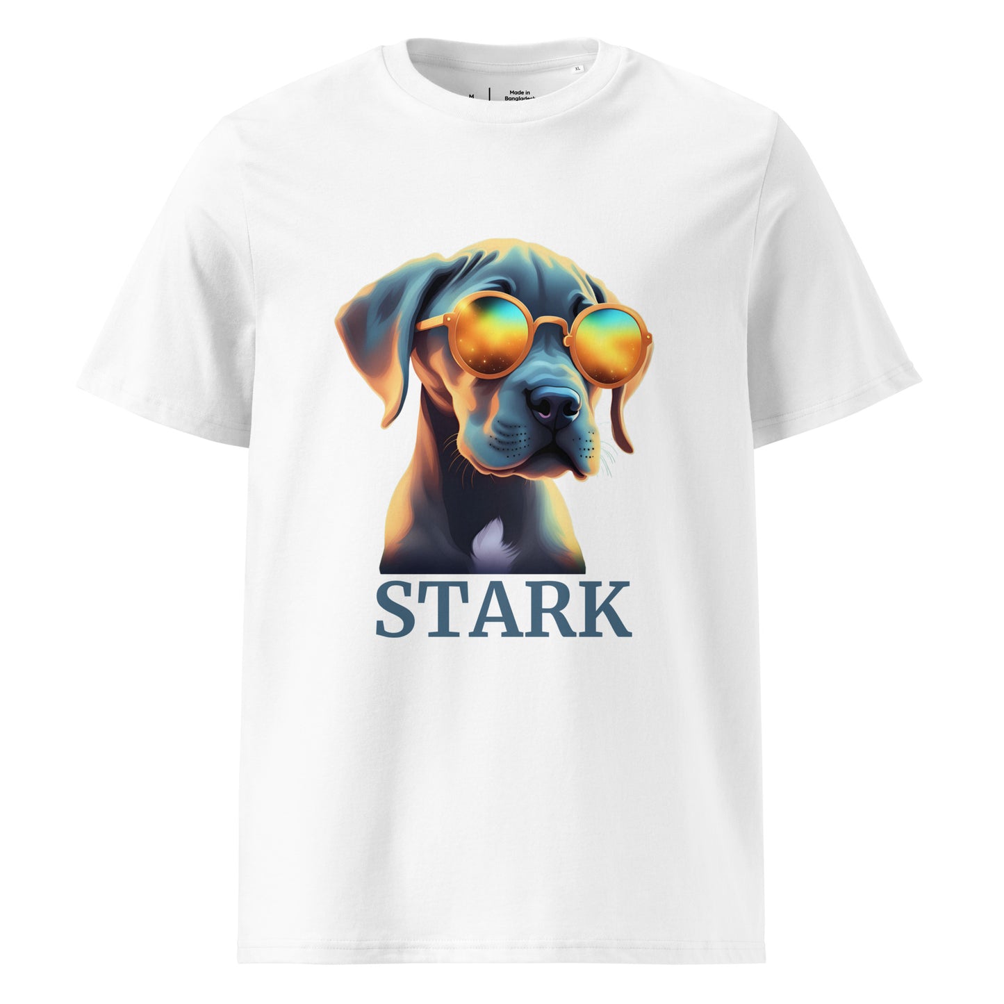 T-shirt de couleur blanc manche courte 100% coton bio avec comme dessin un bébé dogue allemand avec des lunettes avec personnalisation de mettre le nom de votre propre dogue