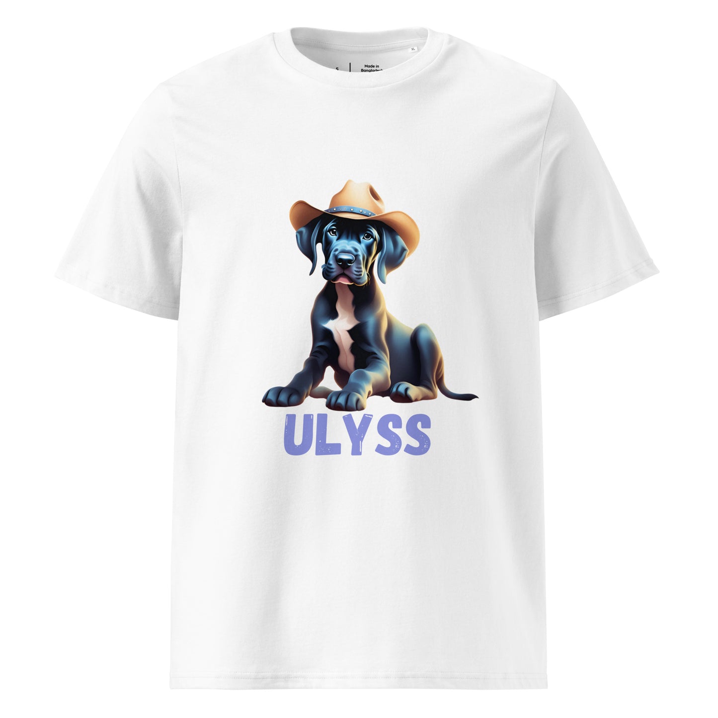 t-shirt de couleur blanc col rond mache courte en 100% coton bio avec un dessin de bébé dogue allemand avec un chapeau de cowboy sur la tête avec comme personnalisation le nom de votre dogue en dessous du dessin