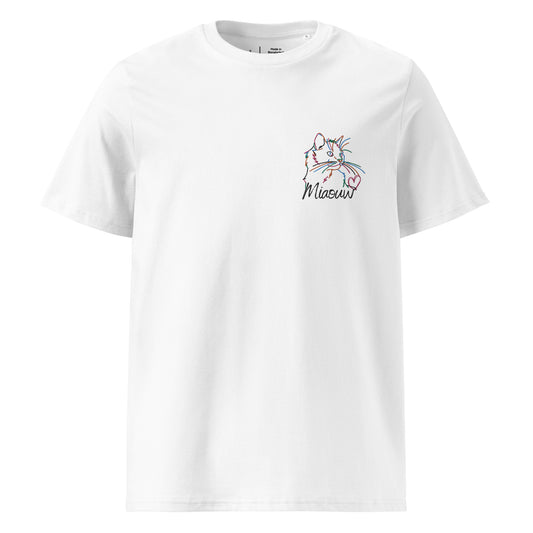 t-shirt blanc col rond manche courte avec broderie colorée de chat avec inscription miaouw