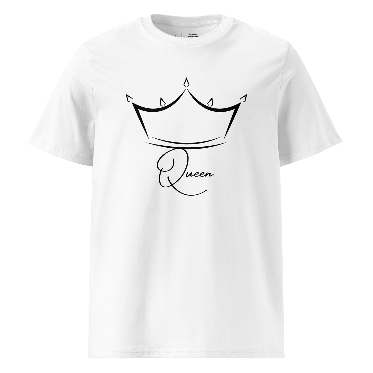 t-shirt blanc encolure ronde manche courte 100% coton bio avec inscription Queen et le dessin d'une couronne