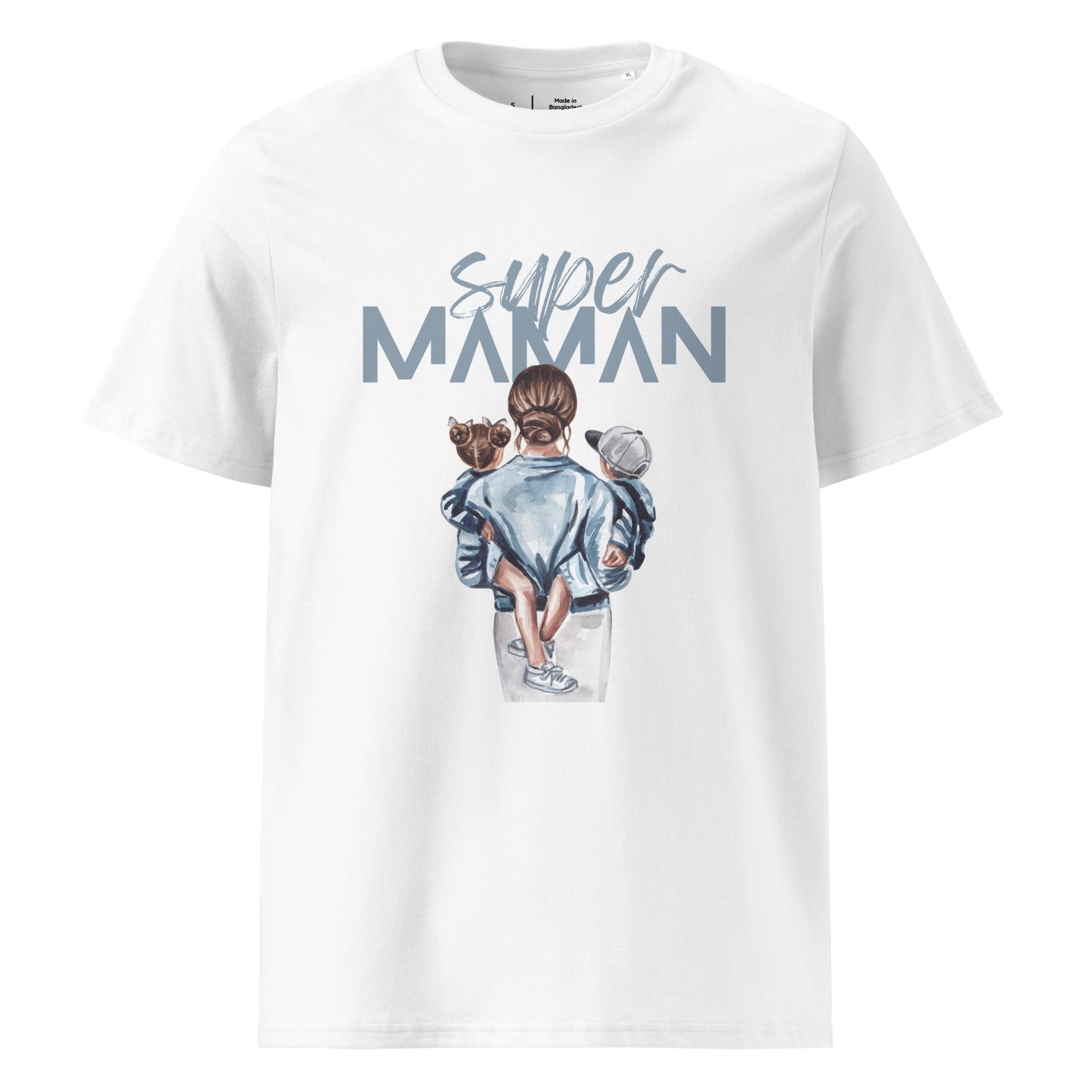 t-shirt blanc encolure ronde manche courte 100% coton bio avec inscription "super Maman" et dessin d'une maman de dos portant ses deux enfants dans les bras