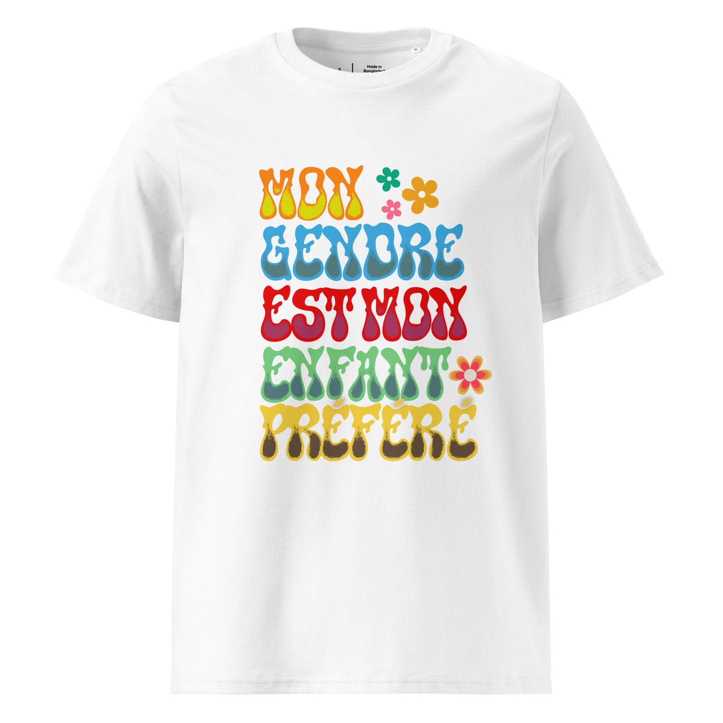 t-shirt de couleur blanc 100% coton bio encolure ronde manche courte avec inscription colorée "mon gendre est mon enfant préféré"