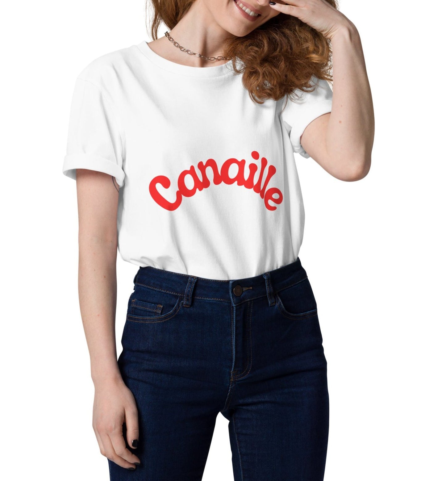 t-shirt unisexe blanc col rond manche courte avec inscription : "Canaillou"
