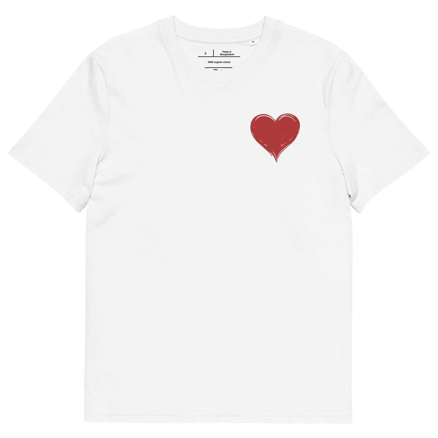 t-shirt blanc col rond manche courte 100% coton bio avec un cœur rouge brodé
