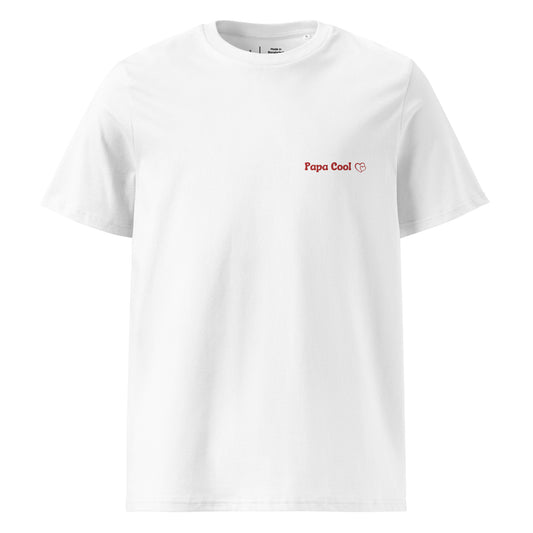 T-shirt blanc manche courte col rond 100% coton bio brodé "papa cool"