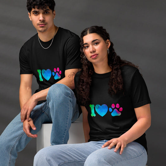 T-shirt unisexe noir manche courte col rond avec écrit "I Love Dogs" 