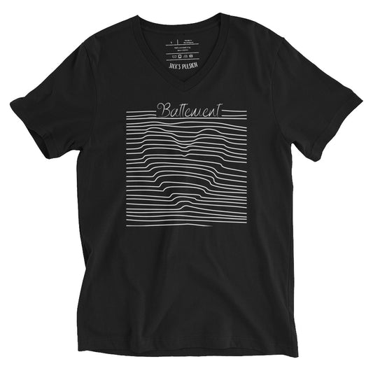 T-shirt noir encolure en v manche courte avec écrit battement et le dessin d'un coeur ,