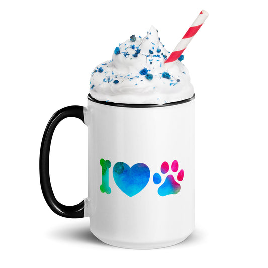 Tasse à café ou thé blanche avec intérieur, rebord et poignée coloré noir Avec inscription " I love Dog Ou Cat" Love est écrit avec un coeur et chat ou chien est représenté par une empreinte de patte 15 oz