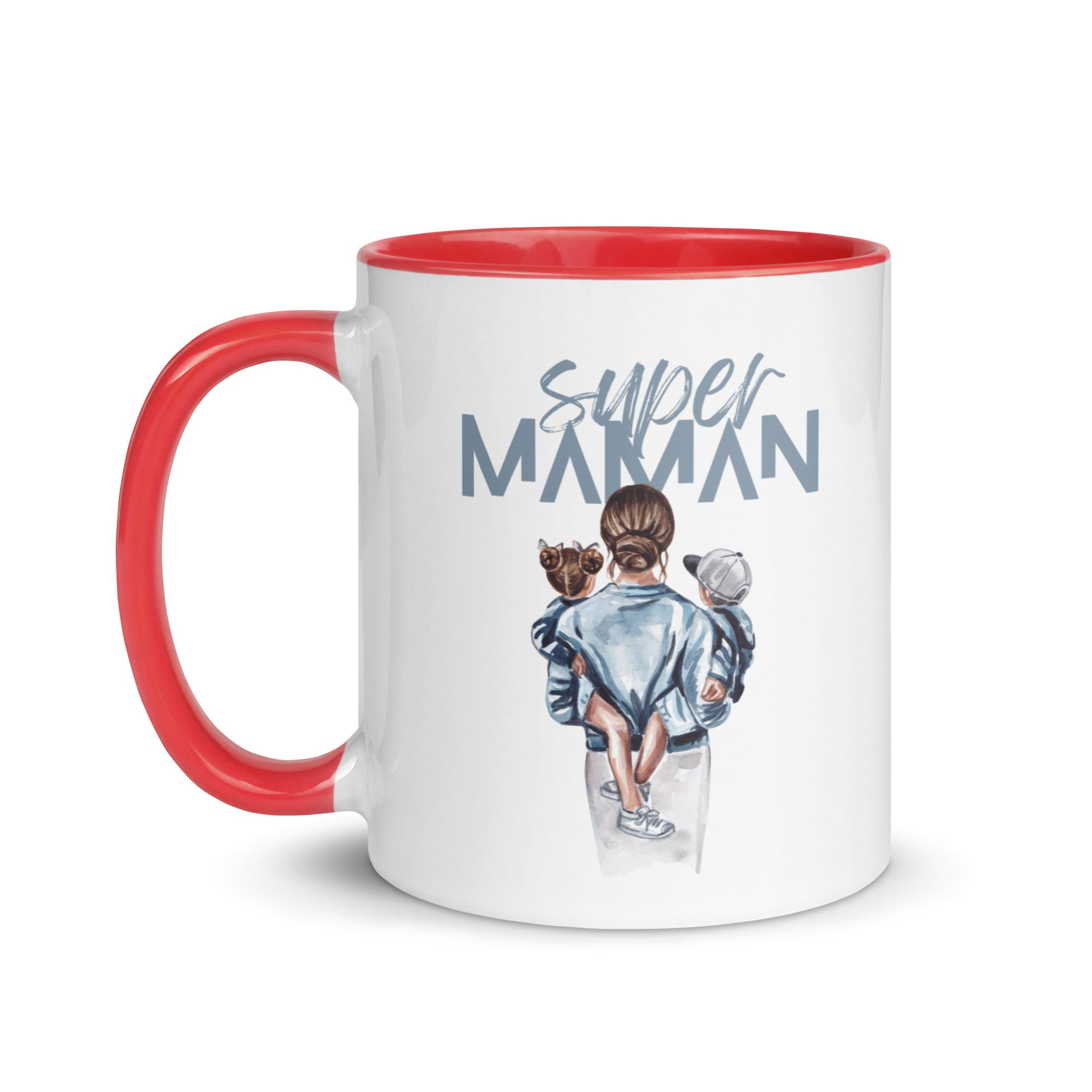tasse blanche colorée intérieur et poignée rouge en céramique avec inscription Super Maman Avec le dessin d'une maman de dos portant deux enfants dans ses bras