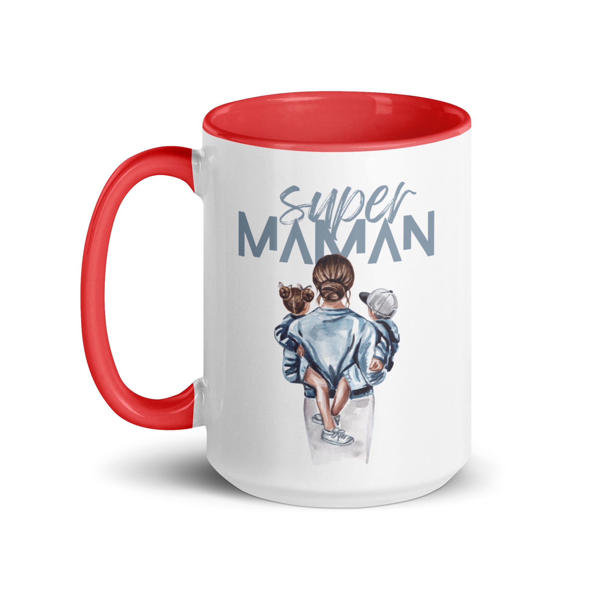 tasse blanche colorée intérieur et poignée rouge en céramique avec inscription Super Maman Avec le dessin d'une maman de dos portant deux enfants dans ses bras