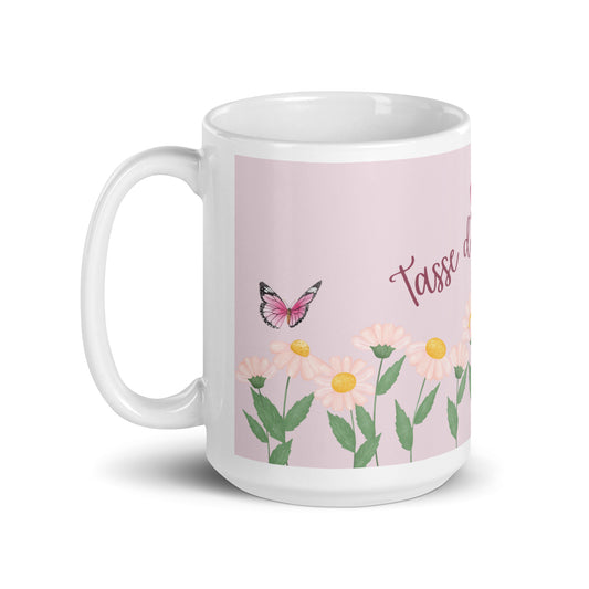 tasse blanche et rose avec inscription "tasse d'inspiration" avec fleurs et papillons 15 oz