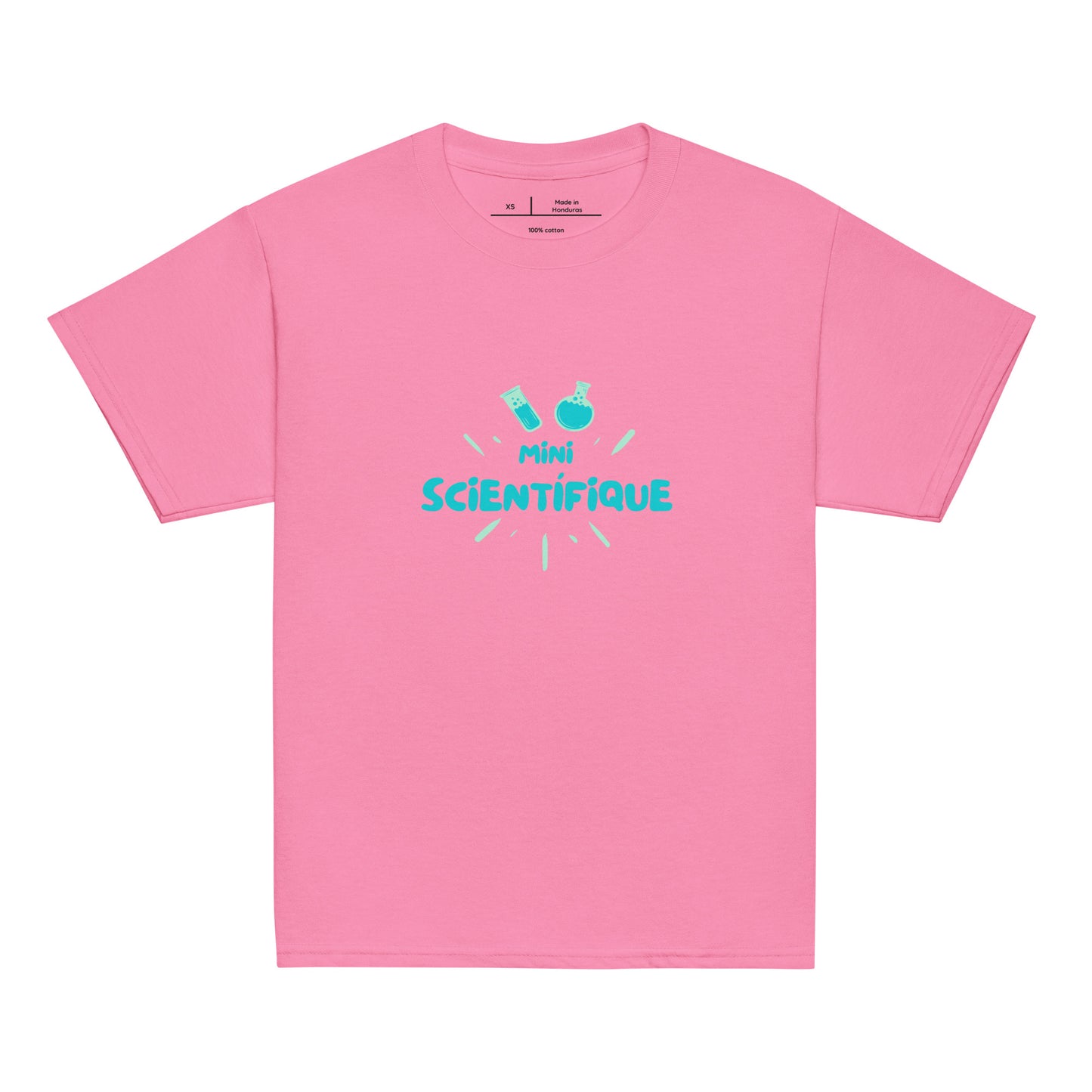 T-shirt enfant de couleur rose encolure ronde manche courte avec inscription "mini scientifique" écrite de manière sympa pour les passionnés de science