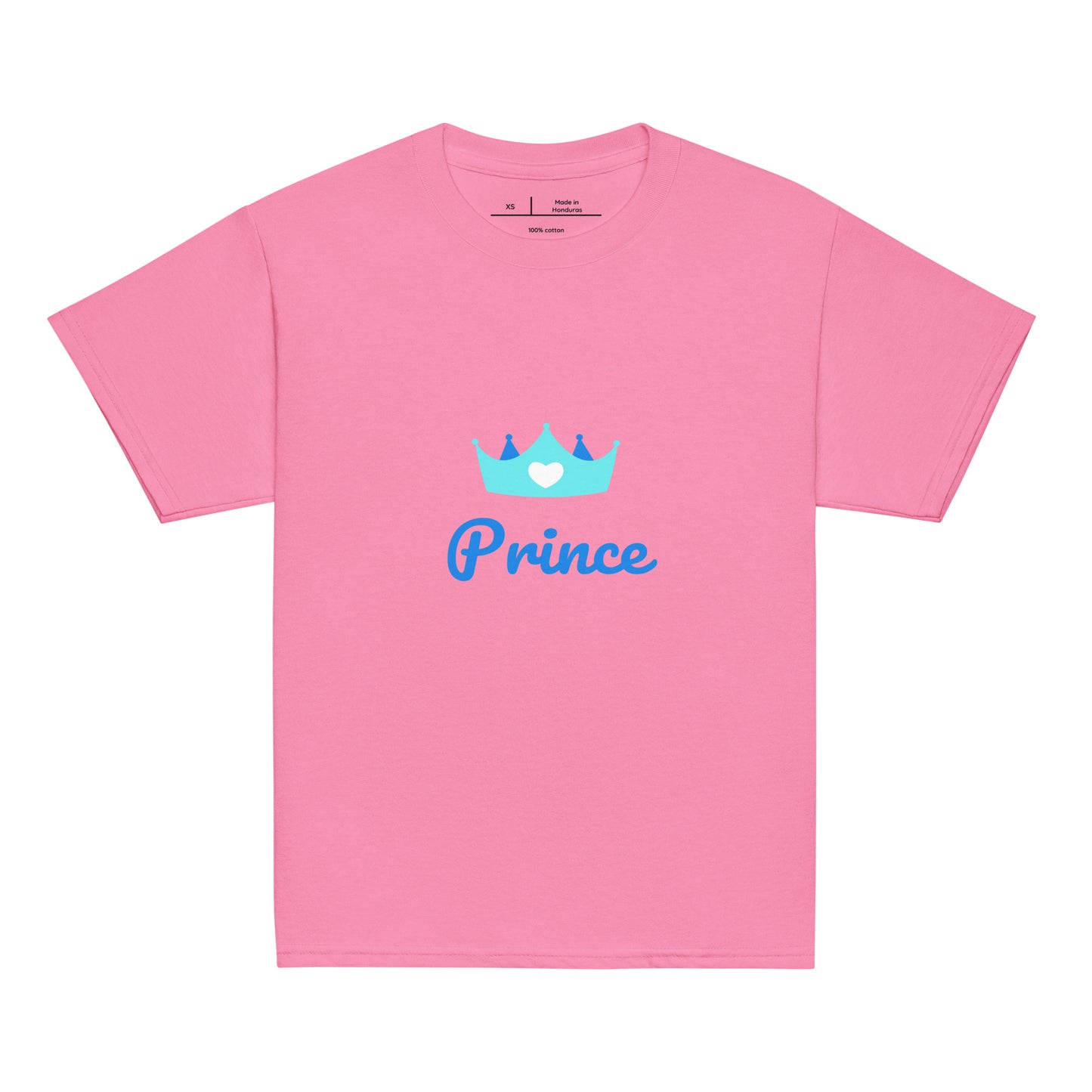 t-shirt rose col rond manche courte 100% coton inscription "prince" avec une couronne