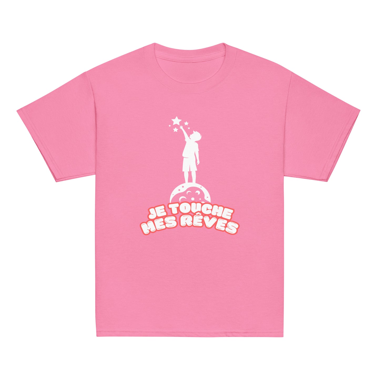 t-shirt de couleur rose encolure ronde manche courte dessin enfant qui touche du bout des doigts les étoiles avec inscription : "je touche mes rêves"