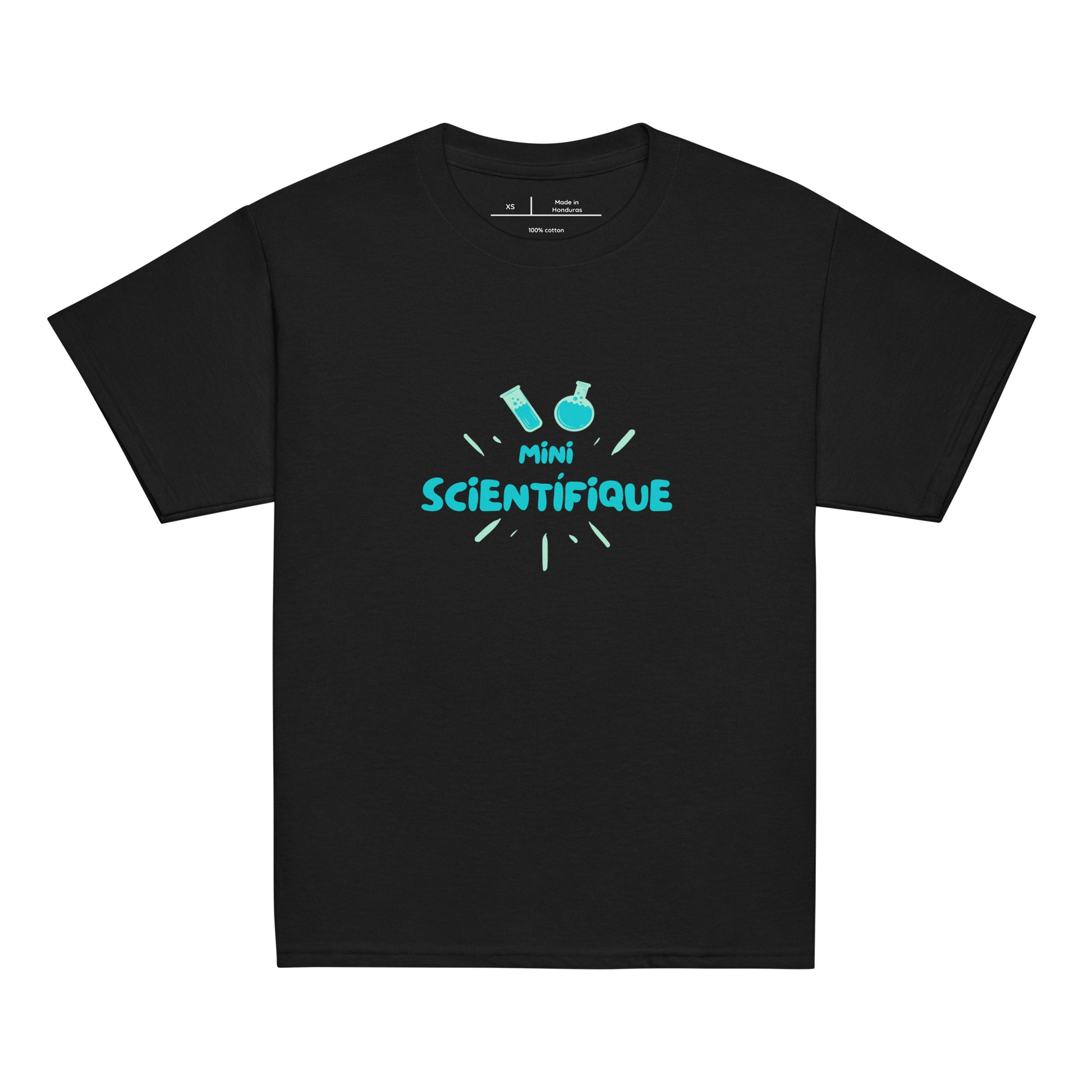 T-shirt enfant de couleur noir encolure ronde manche courte avec inscription "mini scientifique" écrite de manière sympa pour les passionnés de science